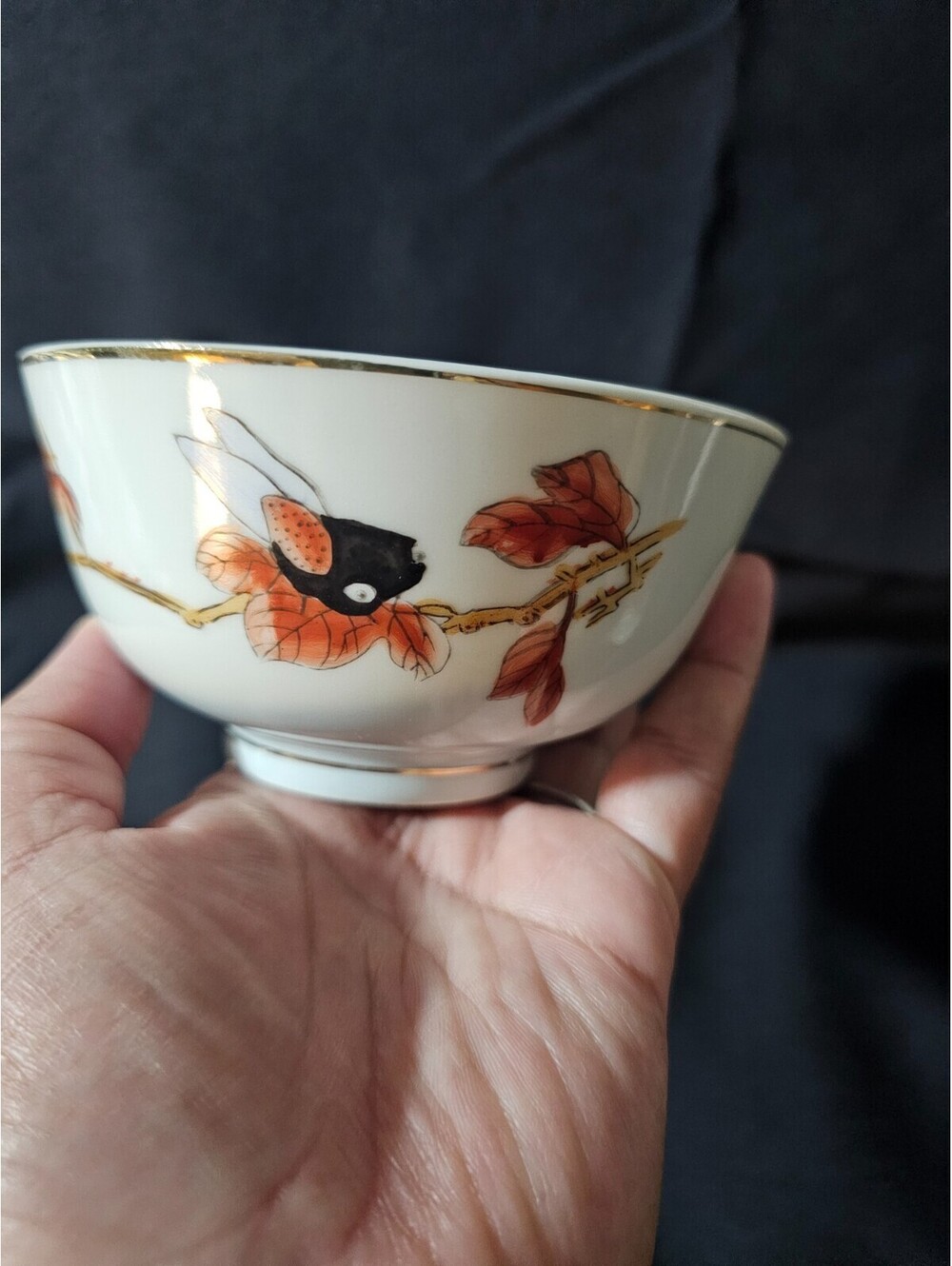 Vintage Porcelain Rice Soup Bowl White With Gold Trim 2.5" China Leaves Nature - Picture 2 of 10